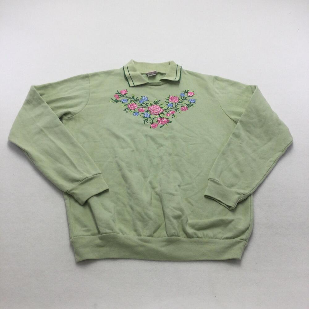 Adrian Goldfield Polo Shirt Womens Large Green Floral Embroidered Collar Fleece